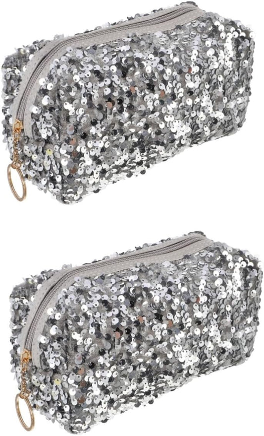 2Pcs Sequin Makeup Organizer Bag Portable Travel Toiletry Storage for Women Capacity Cosmetic Pouch Beautiful Shining Design for Makeup Brushes and Lipsticks Stylish Random Style